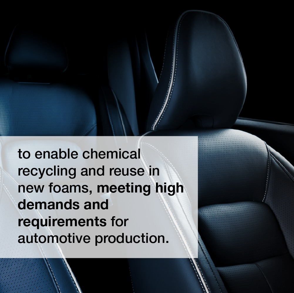Recovered polyurethane waste can be chemically recycled into polyols for new foams designed to meet the performance, safety and quality requirements of automotive interiors applications.