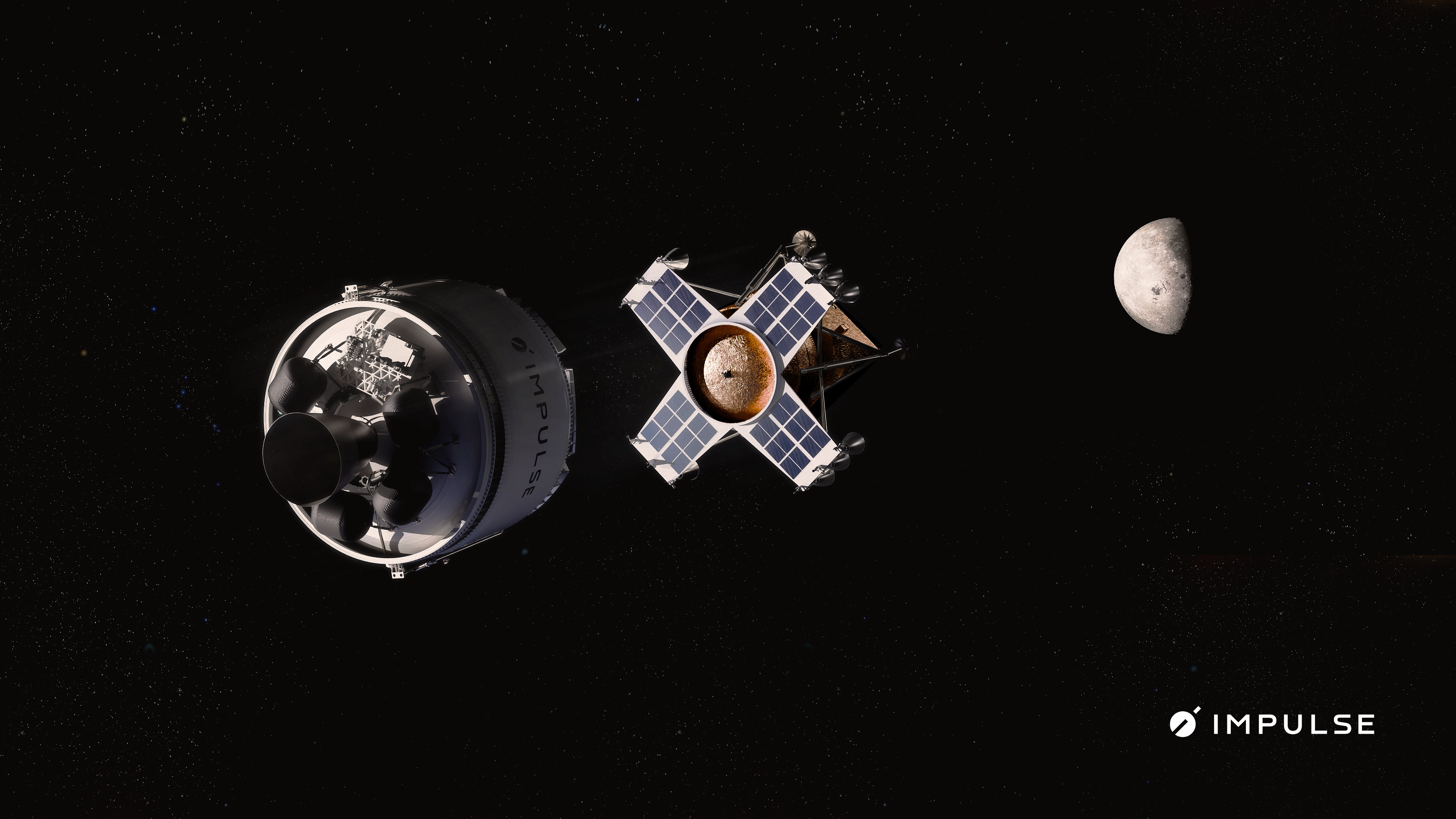 A rendering showing the Helios kick stage deploying the Impulse-made Lunar Lander in lunar orbit.