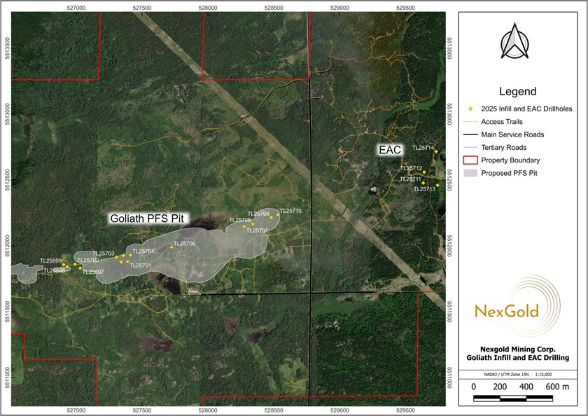 Plan map showing the location of the Goliath infill and EAC prospect drillholes