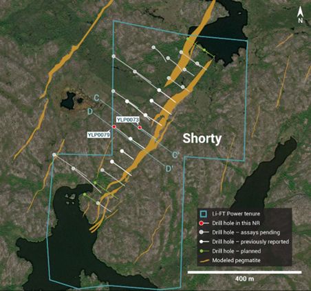 Plan view showing the surface expression of the Shorty pegmatite with diamond drill holes reported in this press release.