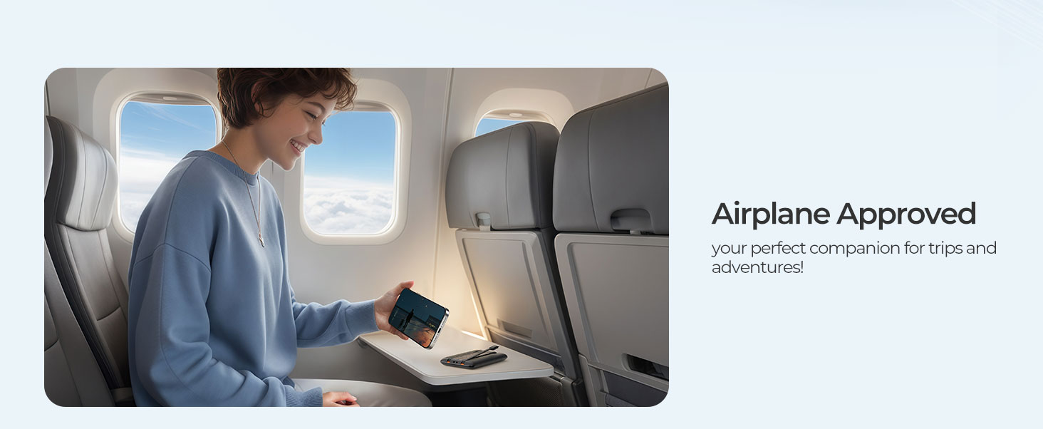 WeeFancy power bank used on an airplane tray table with Airplane Approved travel-friendly battery design.