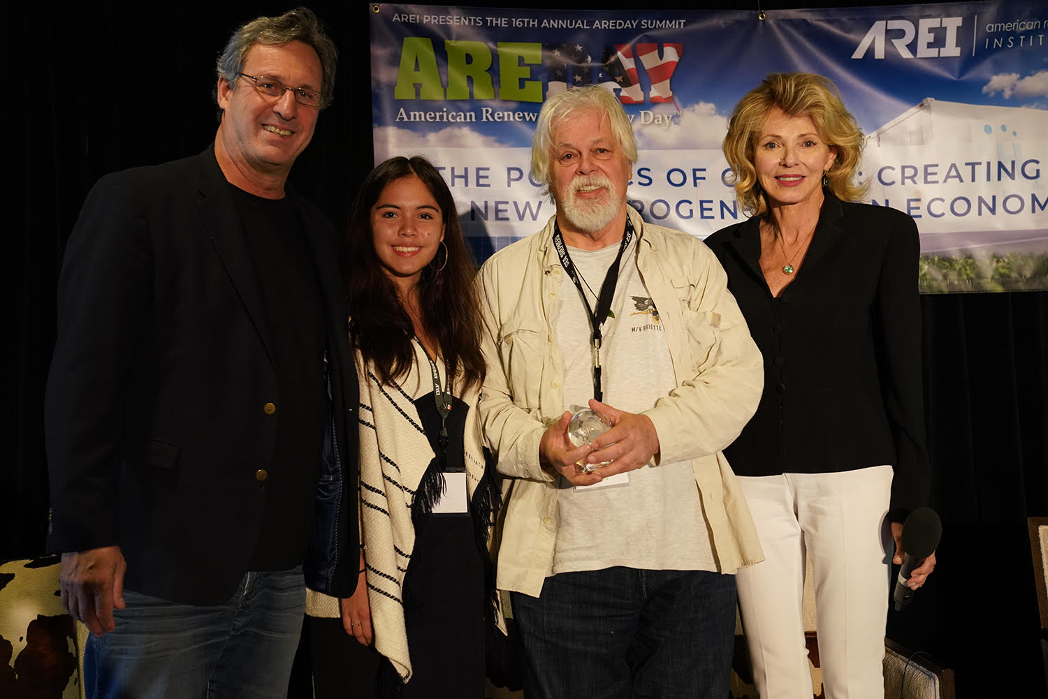 AREDAY Lifetime Achievement Award to Watson; L to R - Chip Comins, Xiye Bastida, Paul Watson, Sally Ranney