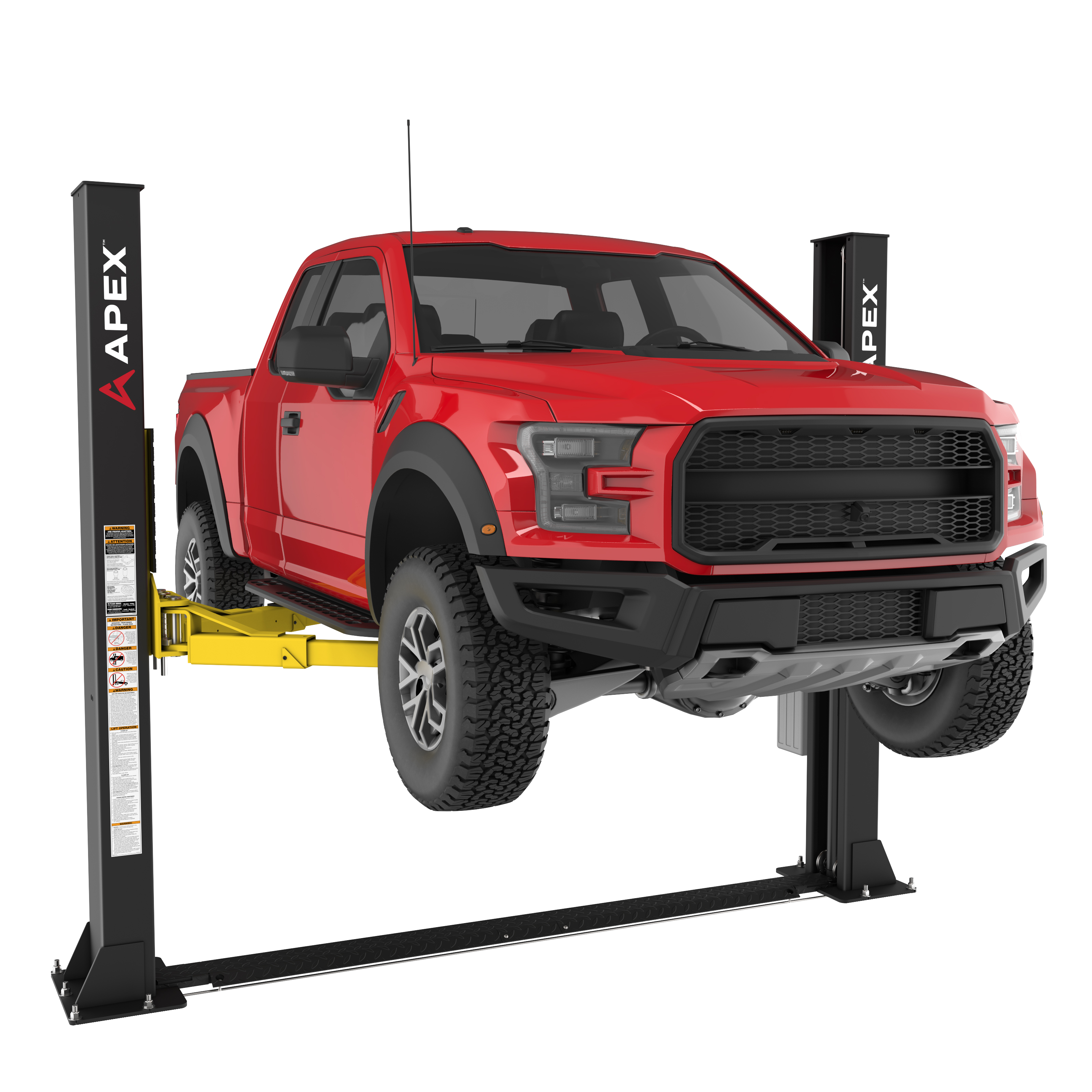 An APEX AL9LC two-post floorplate lift securely elevating a pickup to demonstrate its 9,000-pound lifting capacity.
