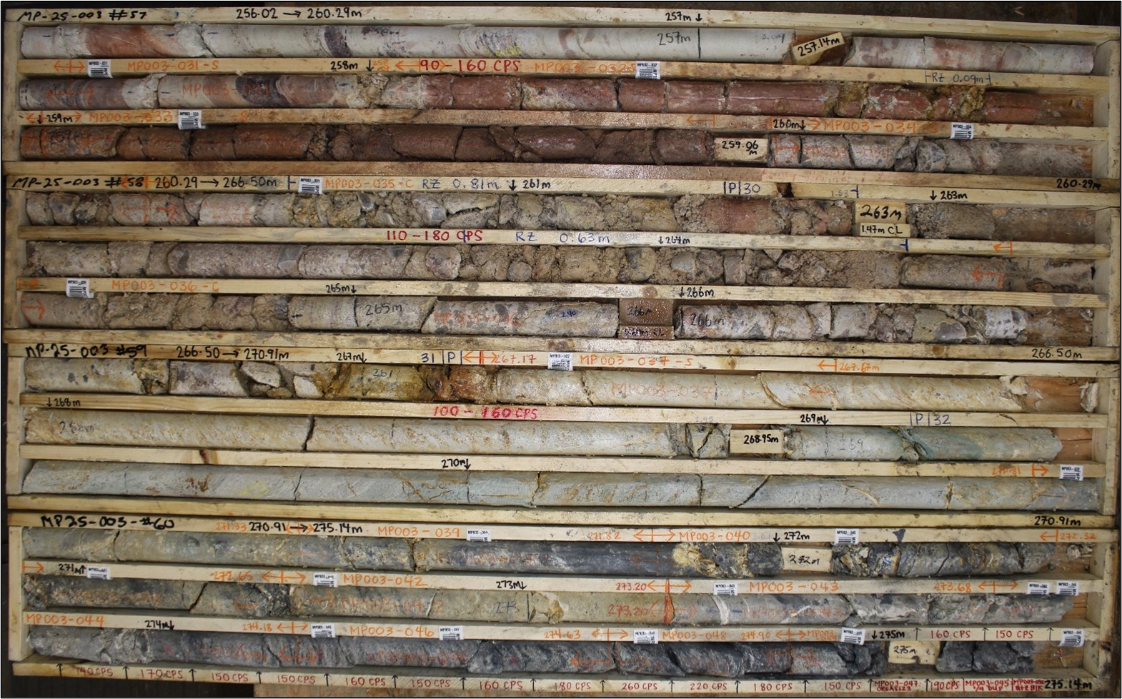 MP25-003 Core Photo Highlighting Alteration and Elevated Radioactivity