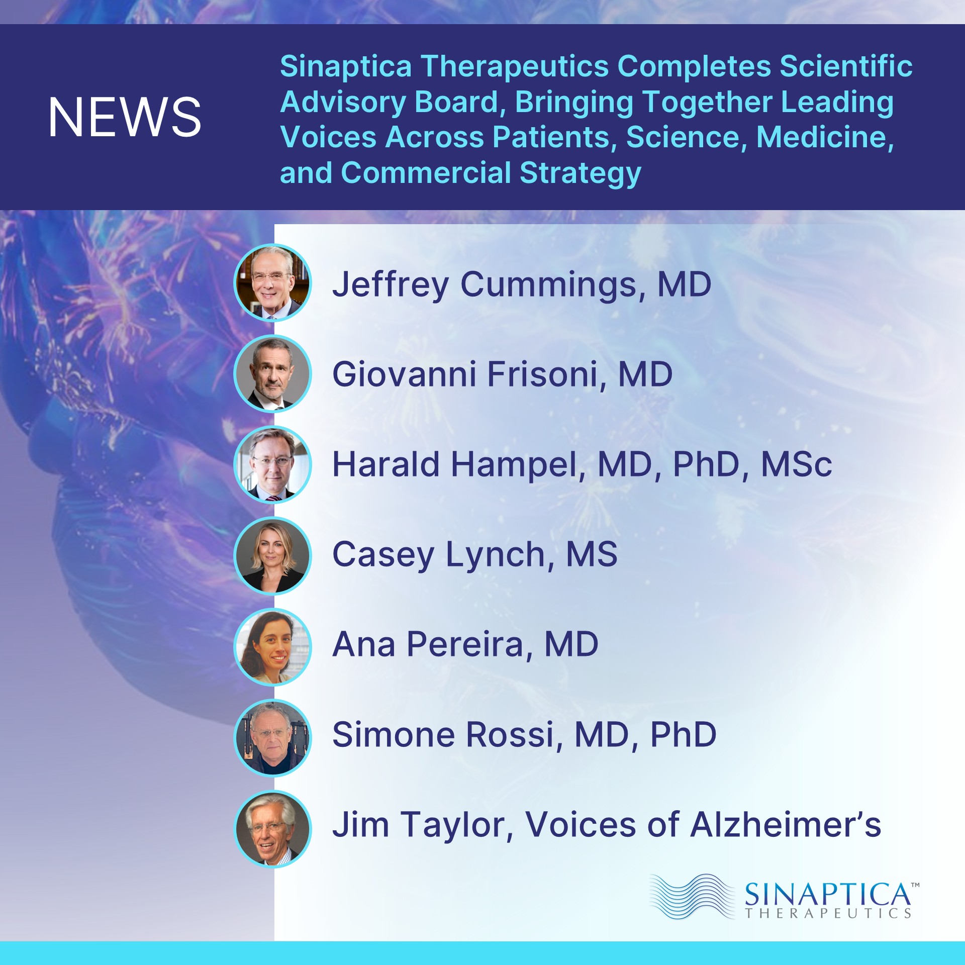 Sinaptica Therapeutics Completes Scientific Advisory Board, Bringing Together Leading Voices Across Patients, Science, Medicine, and Commercial Strategy