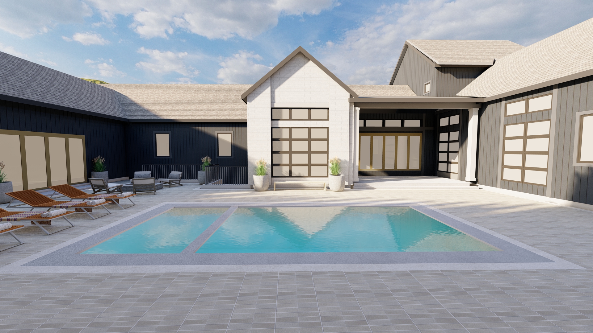The LivingWell model home is organized around a private courtyard with a pool and lounge areas, emphasizing how Tri Pointe Homes intentionally creates restorative environments.  Courtesy of PKJ Design Group for Tri Pointe Homes