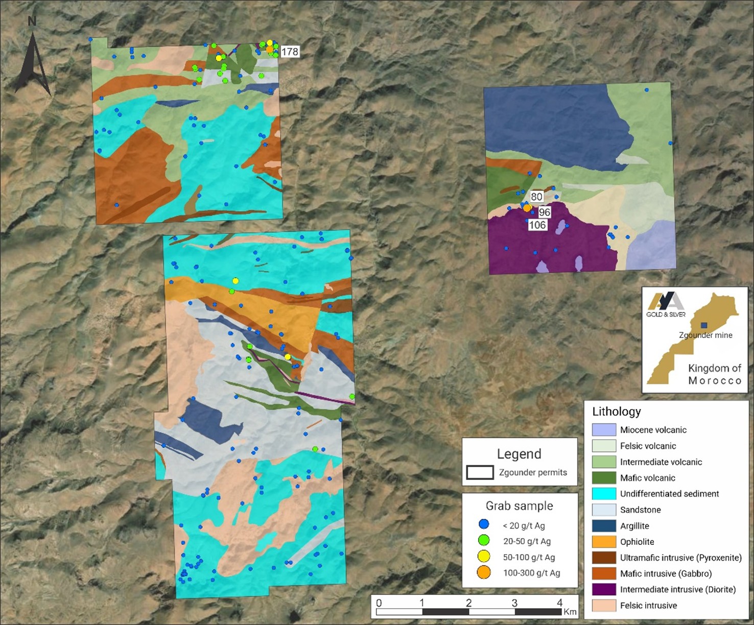 Surface Map of Zgounder Far East with Simplified Geology and Ag Grab Samples