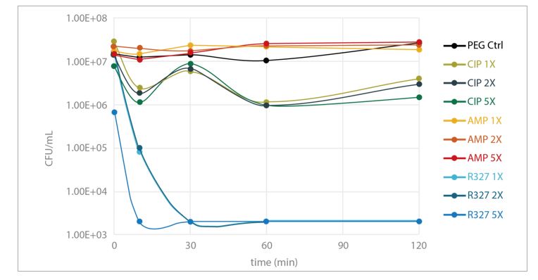 Efficacy of R327 against nondividing or stationary-phase E. coli