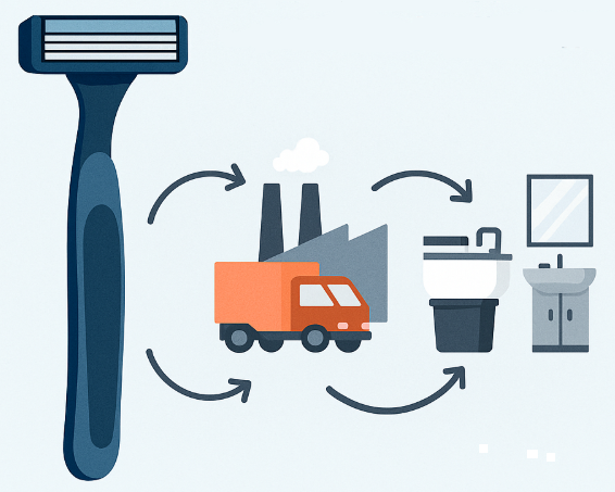 The life cycle of a manual razor: from manufacturing and transport, to use, until they end up in the garbage