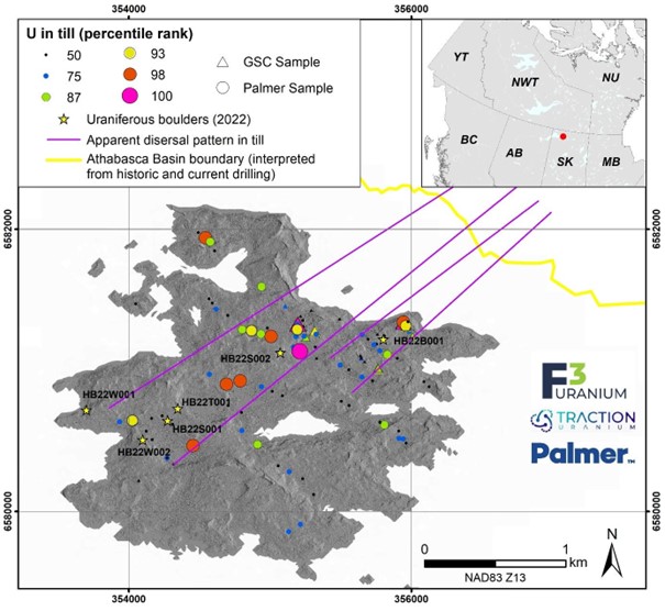 Figure 1. Uranium in till and uraniferous boulders found in fall 2022 and winter 2023 on Isle Brochet within the Hearty Bay project area.