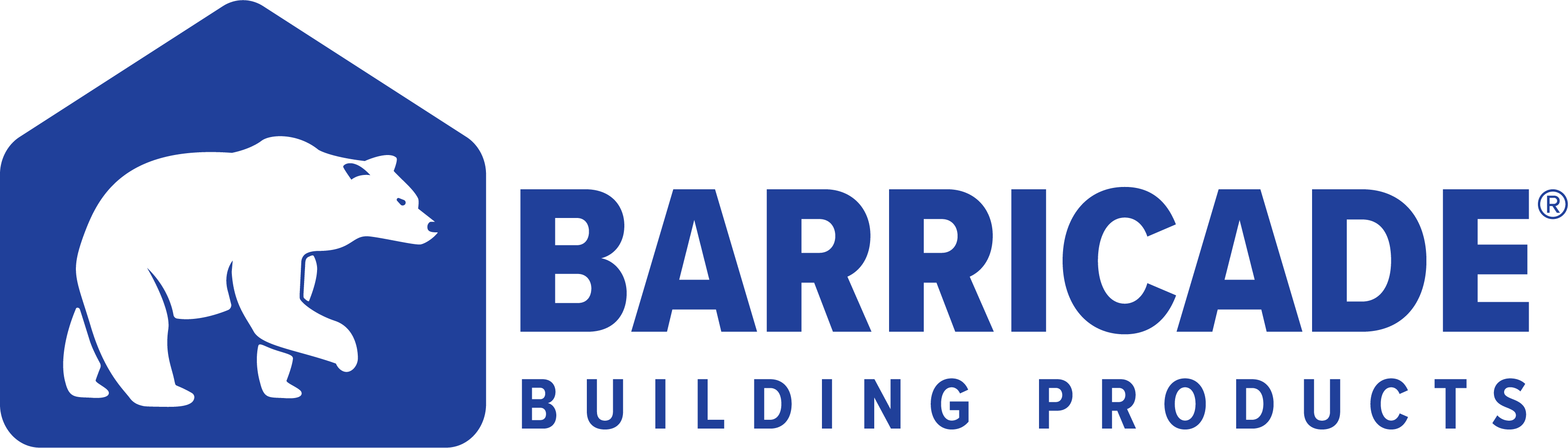 This is the Barricade Building Products logo, horizontal with a white bear inside a blue house.