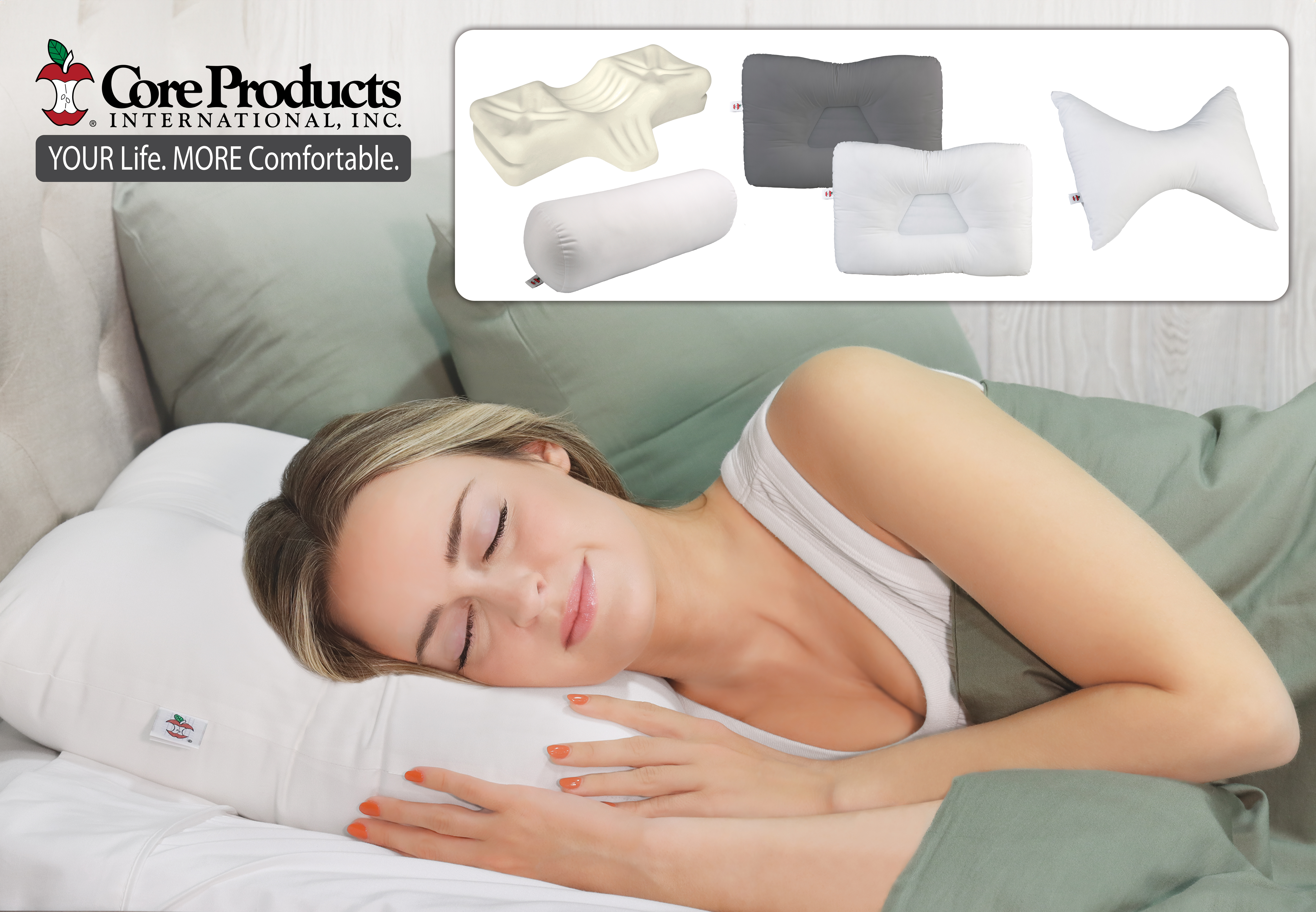Woman sleeping on ergonomic pillow with inset of Core Products cervical and specialty support pillows.