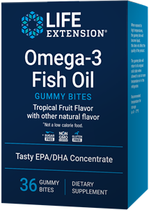 Life Extension’s Omega-3 Fish Oil Gummy Bites provide brain support and heart health benefits of omega-3 EPA & DHA fatty acids—without swallowing large softgels or burping a fishy taste—with these high-potency tropical-flavored, sugar-free (not a low calorie food), gluten-free, non-GMO, gummy bites.