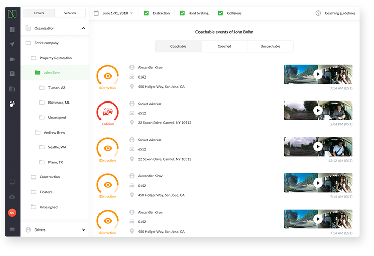 Nauto Coaching Dashboard Prioritized Event List