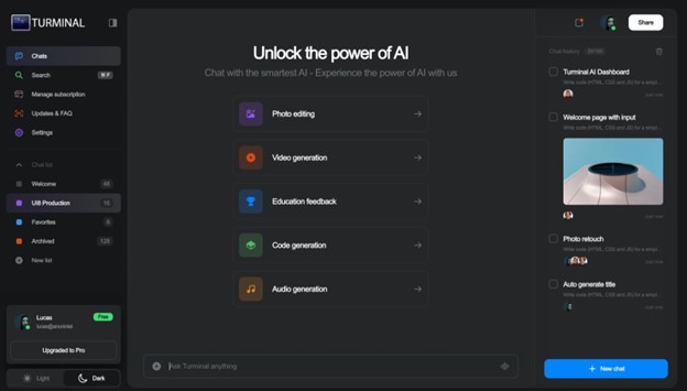 The Turminal.ai dashboard provides users with a curated dashboard to harness the power of AI