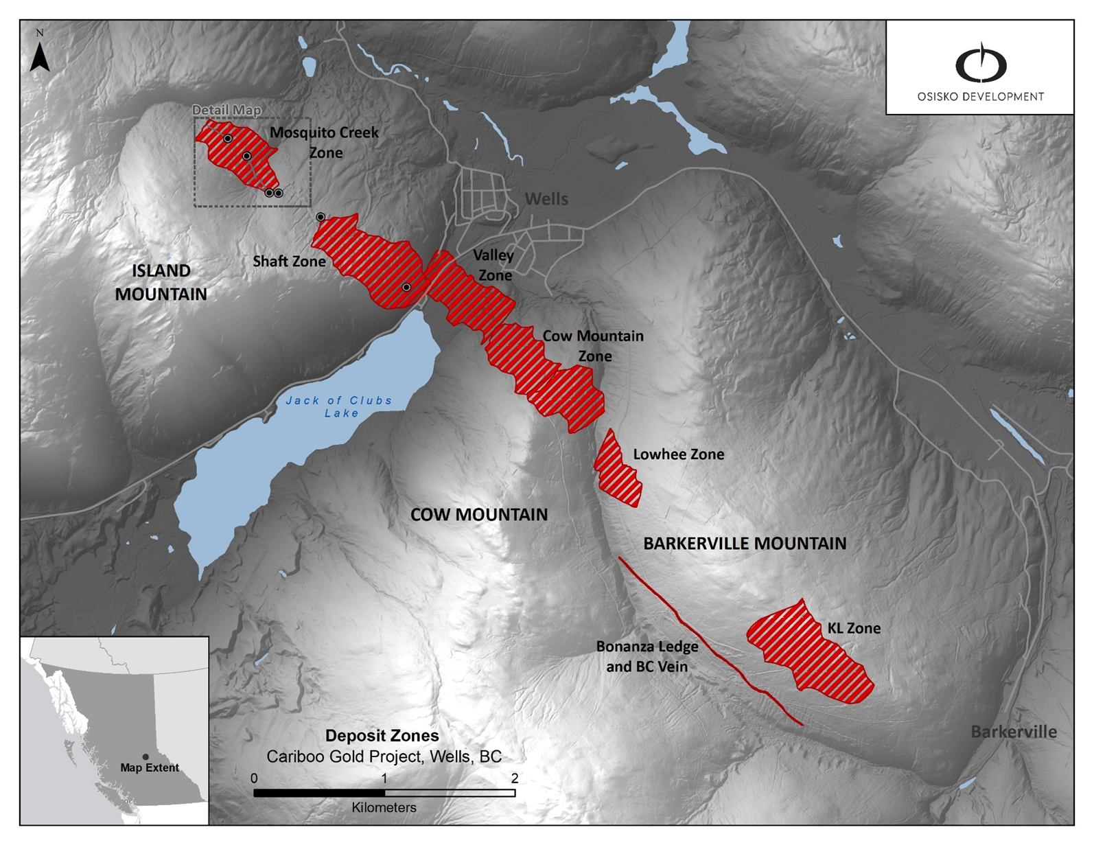 Figure 1: Cariboo deposit areas with drill locations.