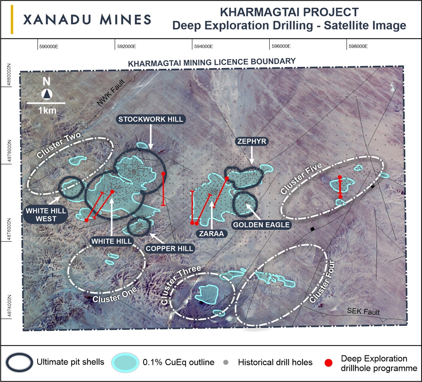 Kharmagtai copper-gold district showing currently defined mineral deposits and planned deep exploration holes. (18)