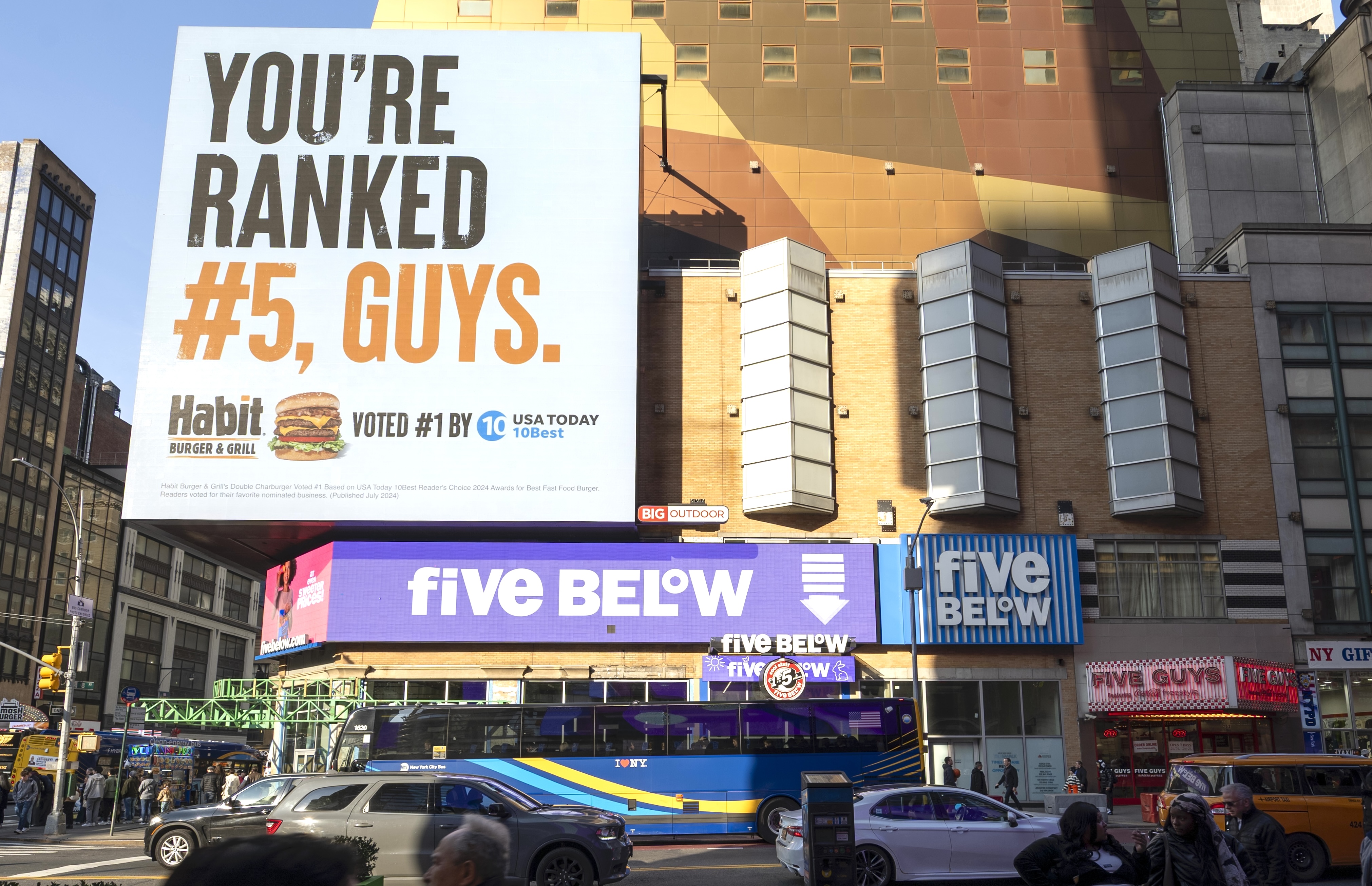 The better burger battleground just got a whole lot juicer today. After Habit Burger & Grill's Double Char was crowned #1 by USA TODAY 10Best*, the brand isn't keeping the celebration to itself. Instead, it's taking the message straight to the streets-and directly above a Five Guys restaurant in New York City. The new billboard, towering over Five Guys, cheekily reminds the competitor of its own ranking with a bold, undeniable, and rather ironic truth: 