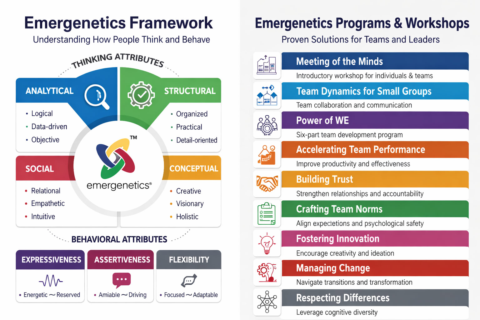 The Emergenetics framework helps organizations strengthen team communication, collaboration and performance through research-based workshops and training and development programs.