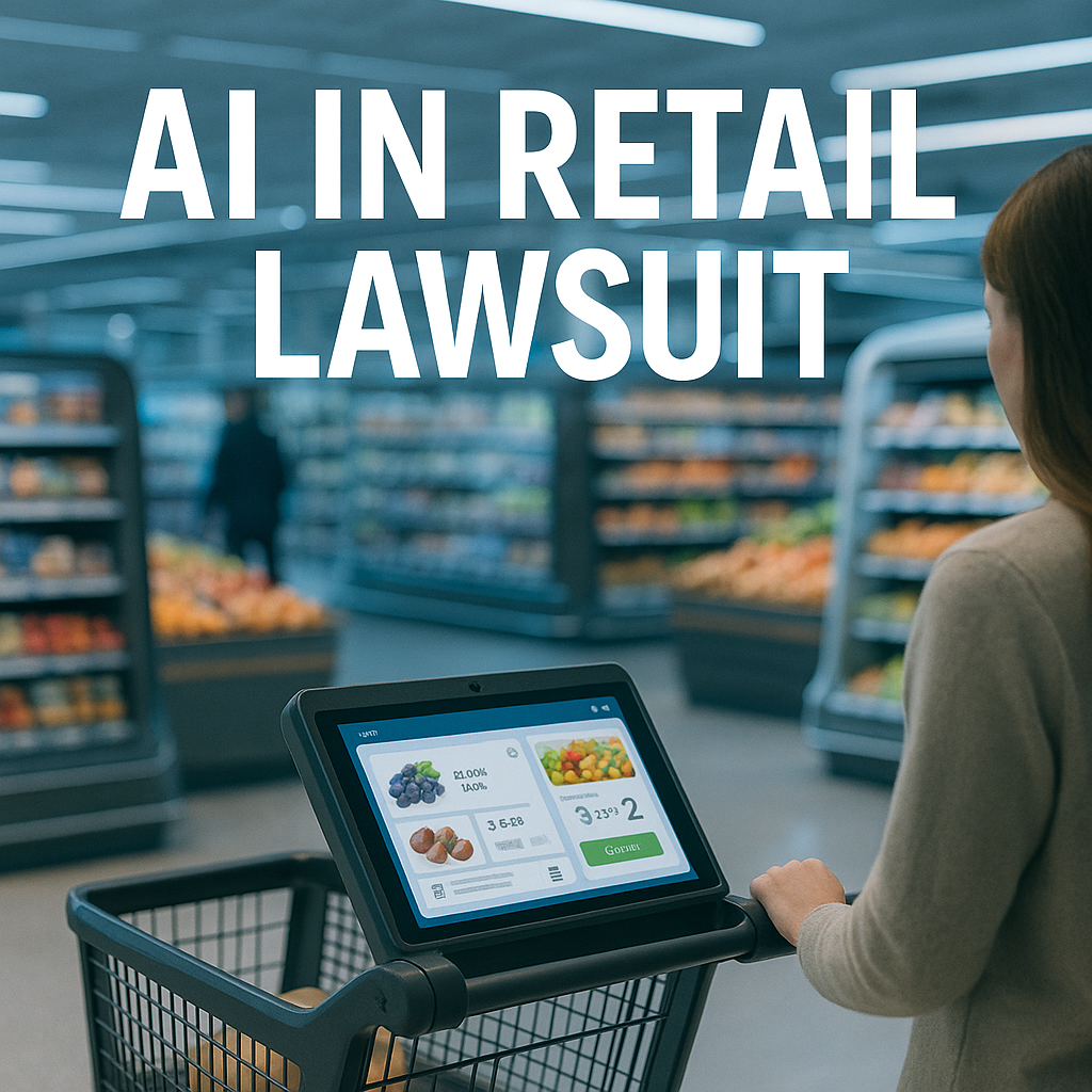 Futuristic retail environment showing a shopper using a smart digital cart in an AI-powered store, symbolizing Alpha Modus’s retail technology innovat