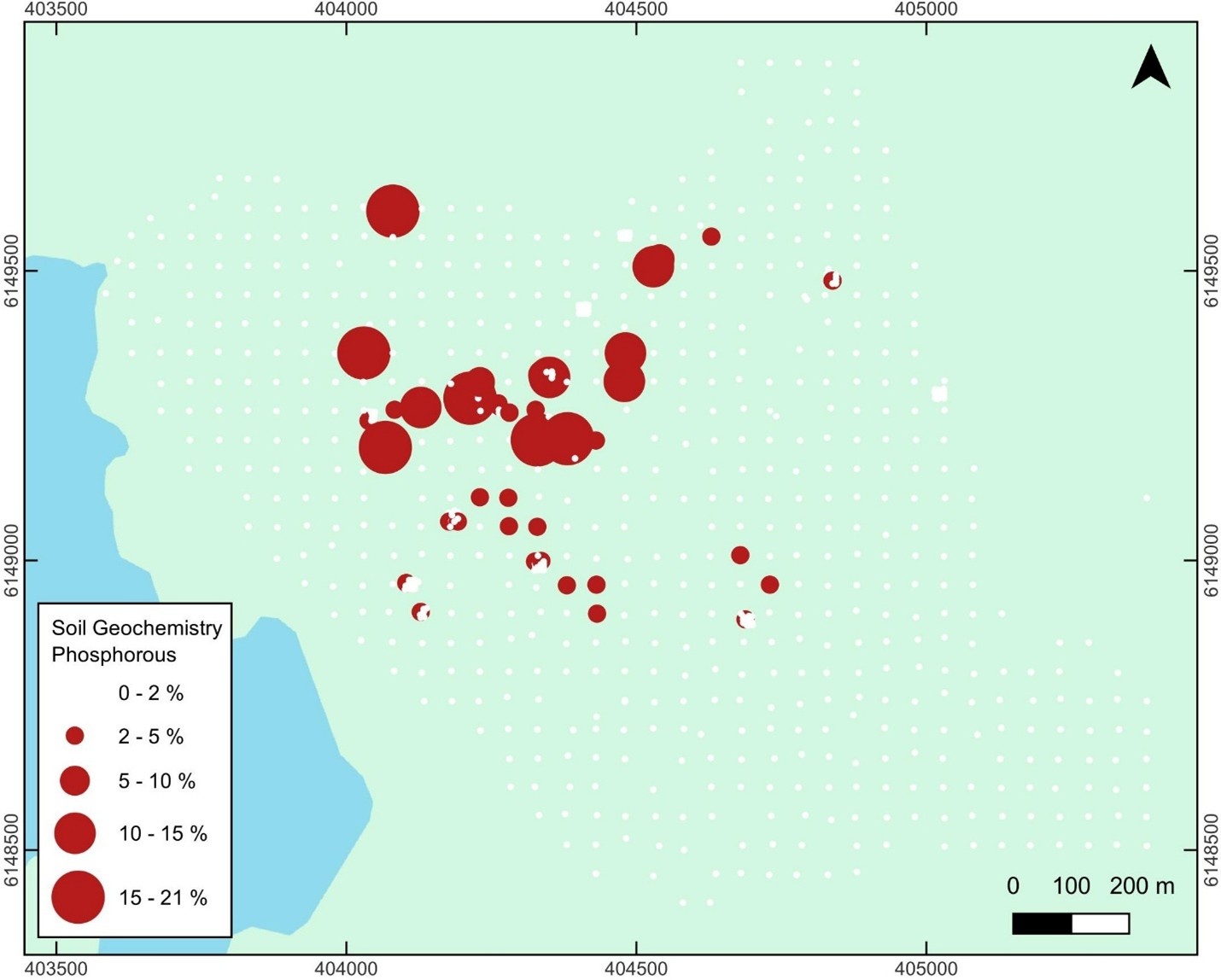Distribution of phosphorous pentoxide (P₂O₅) concentrations in soil samples from the Burntwood project area