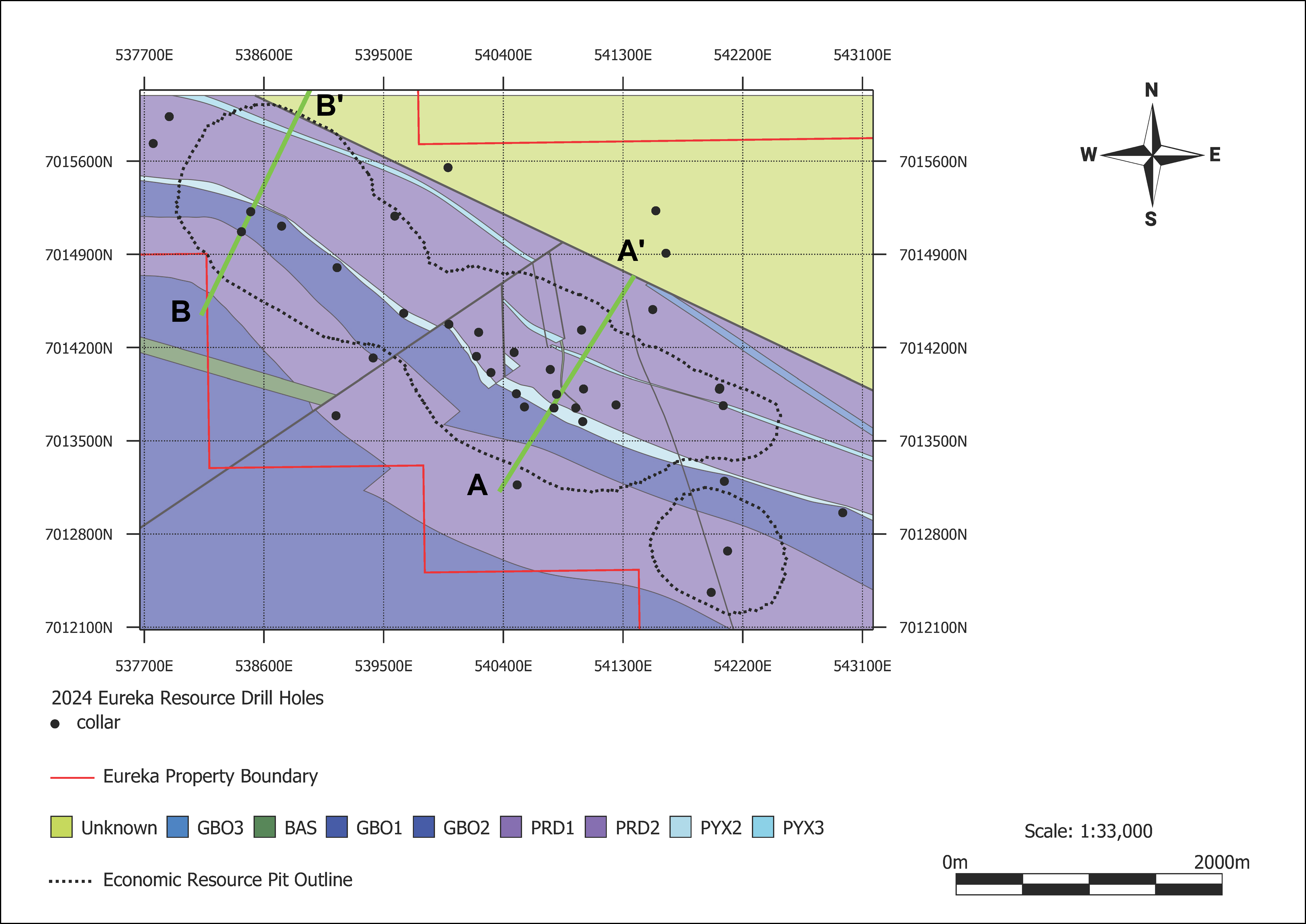 Eureka Zone overview map displaying geology, the 2024 economic resource pit outline, and drill hole locations.