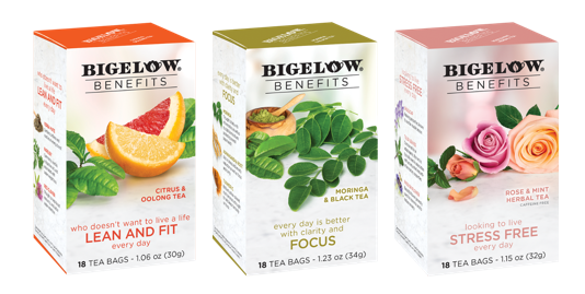 New Bigelow Benefits STRESS FREE, Benefits FOCUS, and Benefits LEAN AND FIT teas have been added to the very popular line of Bigelow Benefits teas.