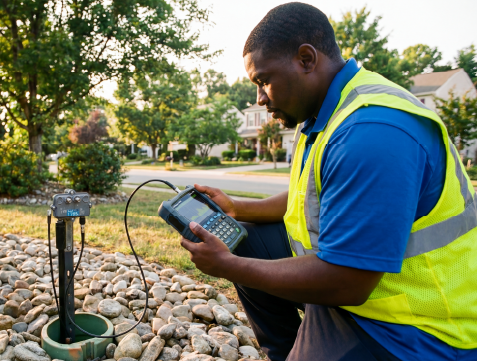 Technician in high-visibility vest using signal meter connected to network equipment