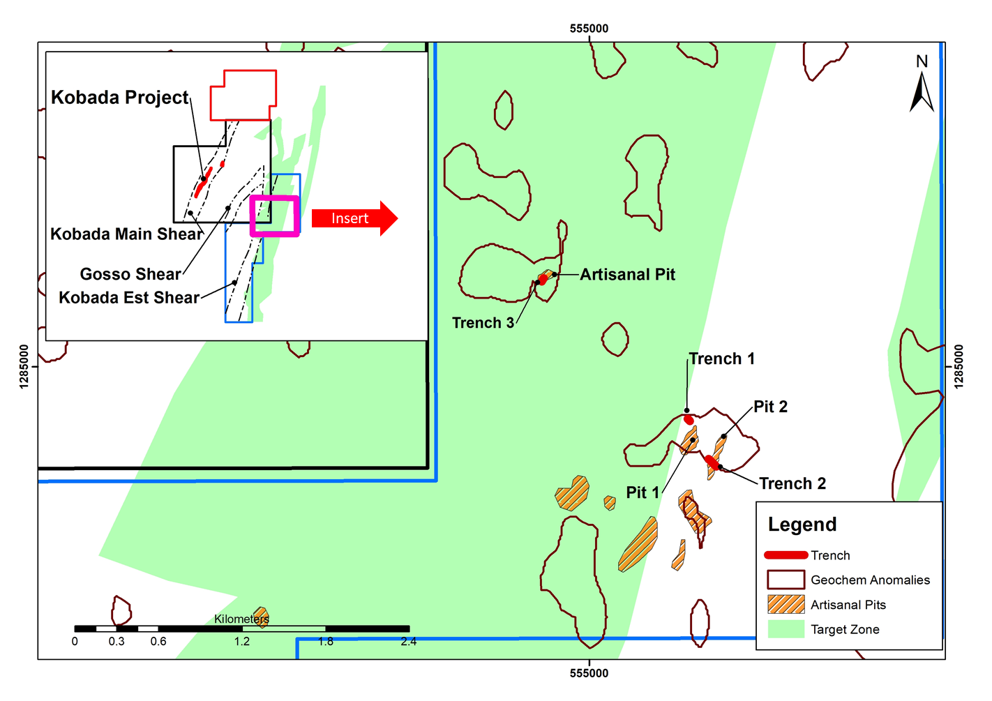 Figure 2: Location of the Three Preliminary Trenches Within and East of the Kobada Est Shear