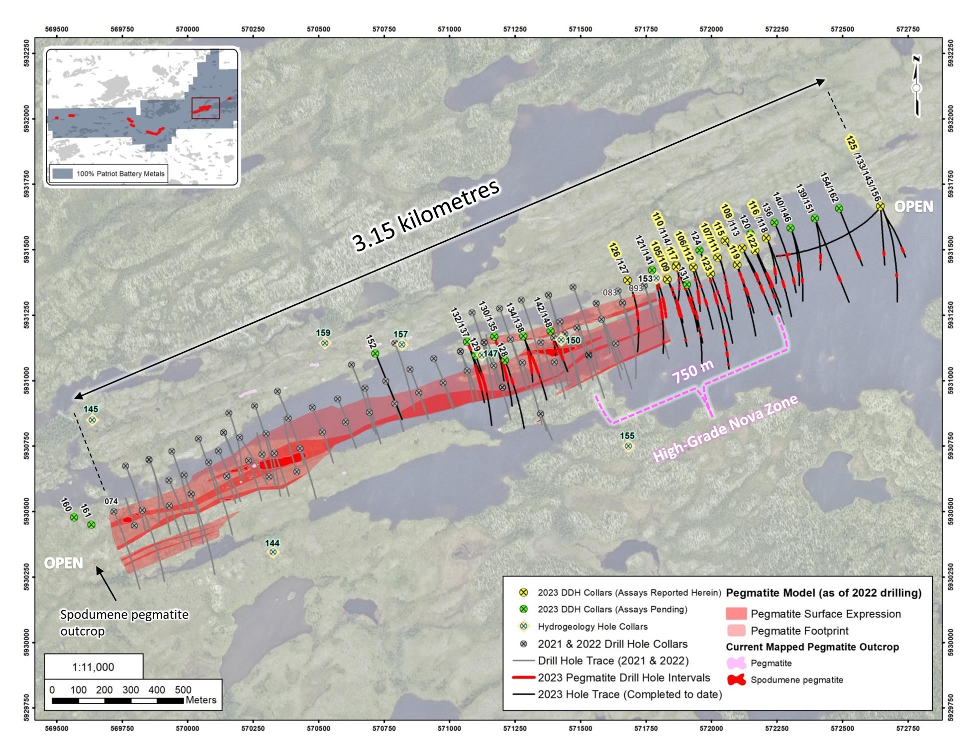 Drill hole locations completed through March 20, 2023, at the CV5 Pegmatite