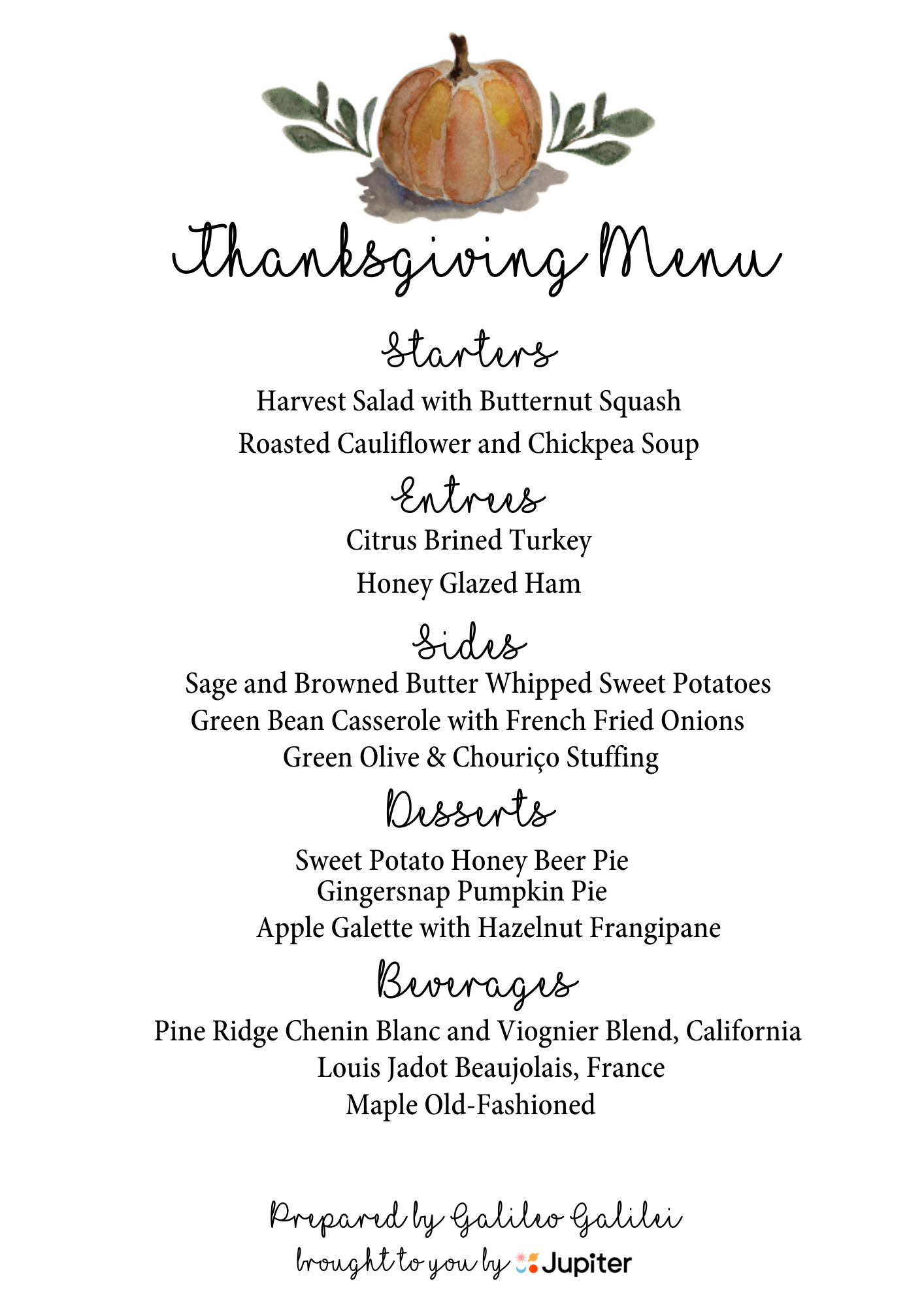 Jupiter's Thanksgiving Menu