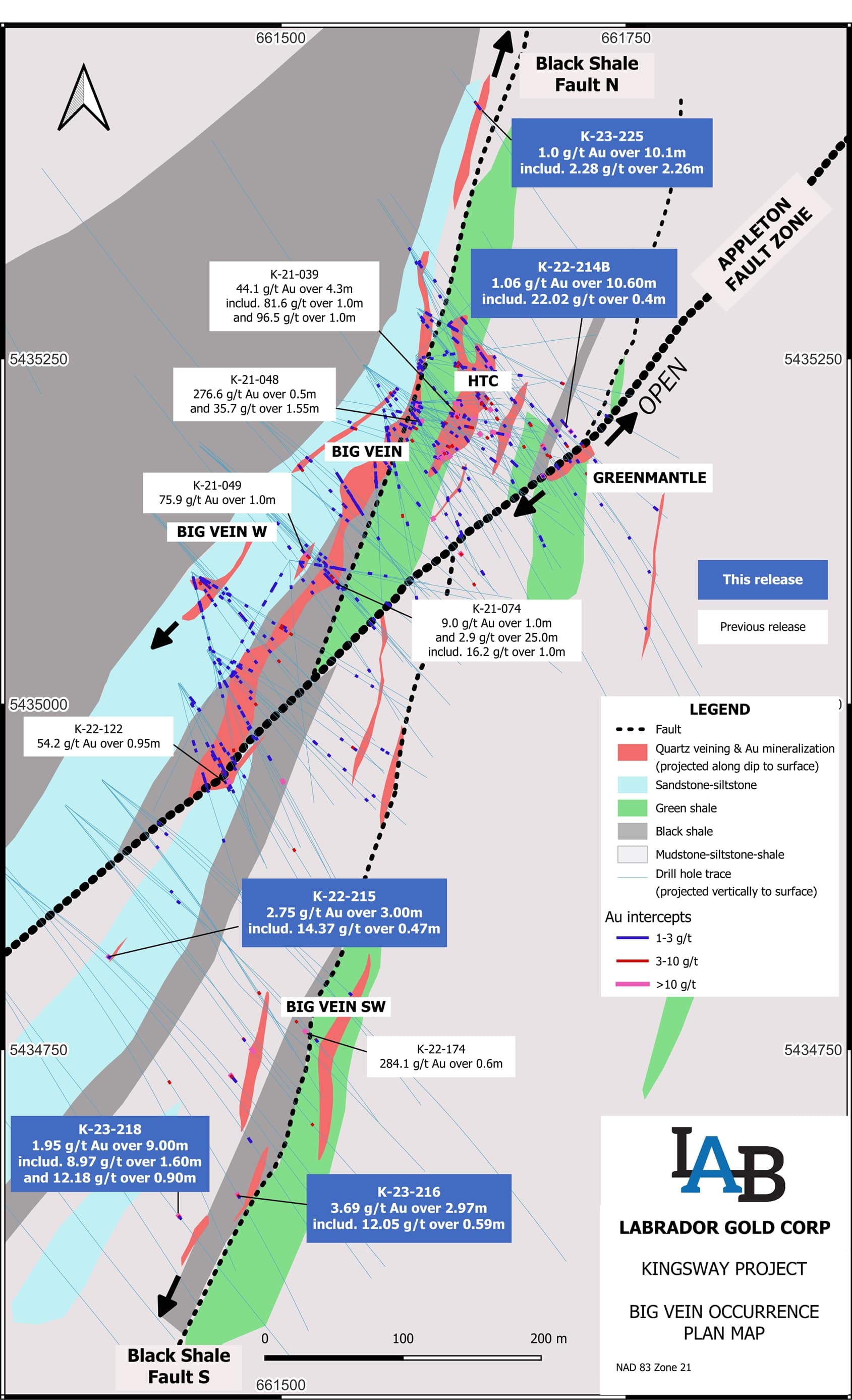 A colored plan map of Big Vein showing significant intersections.