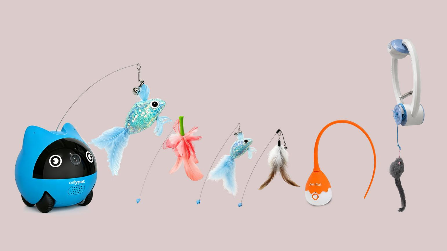 The blue OnlyPet Pet Companion Robot is displayed with teaser wands, Magic Tail and a door-mounted toy controller.