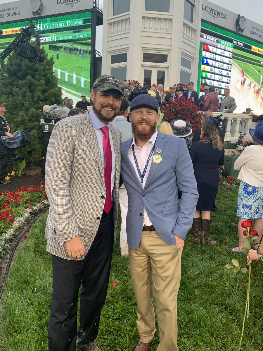 HFOT Veteran Brett Bondurant with Retired NFL Play Jacob Tamme in the winner's circle at the Kentucky Derby. 