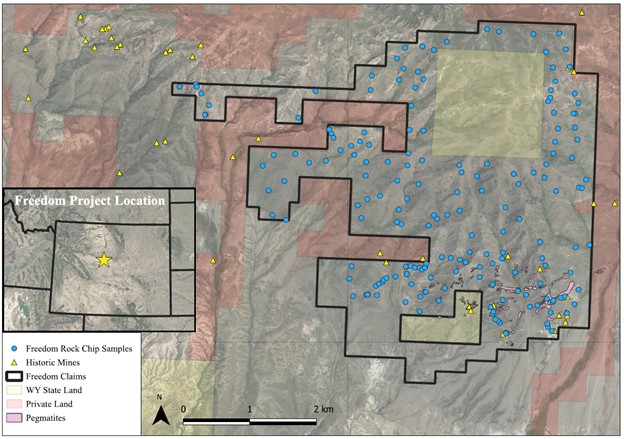 Tenure and surface rock outcrop sample locations for the Freedom Project, Wyoming