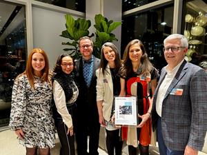 Left to right: Erika Block, Landmarks Illinois Vice Chair; Sandra Rand, Landmarks Illinois Board Member & Chair of Landmarks Illinois Ebony Test Kitchen Advisory Board; Michael Johnson, Landmarks Illinois volunteer who helped deconstruct the test kitchen in 2018; Bonnie McDonald, President & CEO of Landmarks Illinois; Lisa DiChiera, former Landmarks Illinois Director of Advocacy; Brad White, Docomomo US Board Member, at the awards ceremony November 2 at Design Within Reach in New York City.