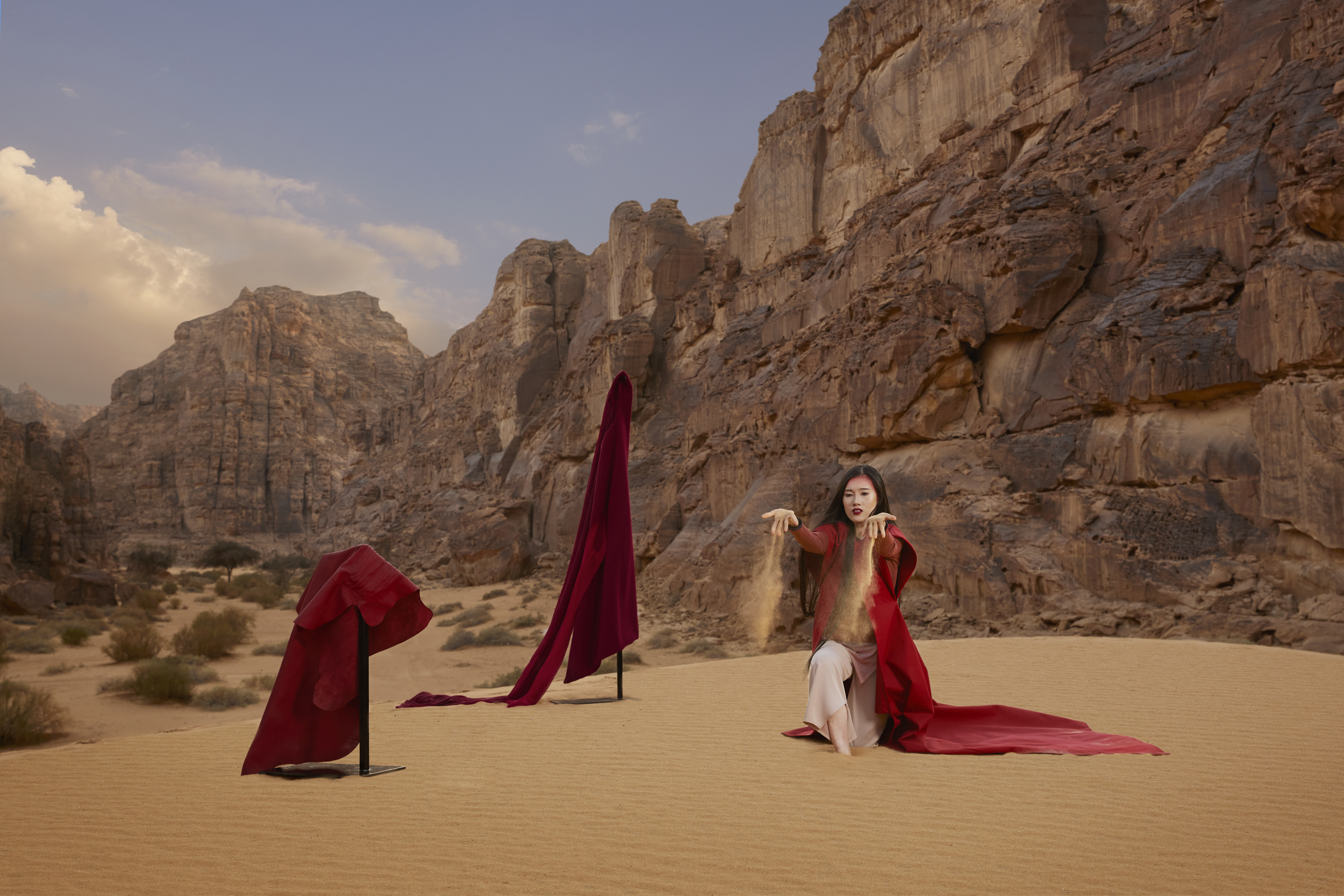 Rui Fu performs in the world premiere of Nine Songs, presented by Wadi AlFann (Image courtesy of Royal Commission for AlUla, photography by Alto Piano