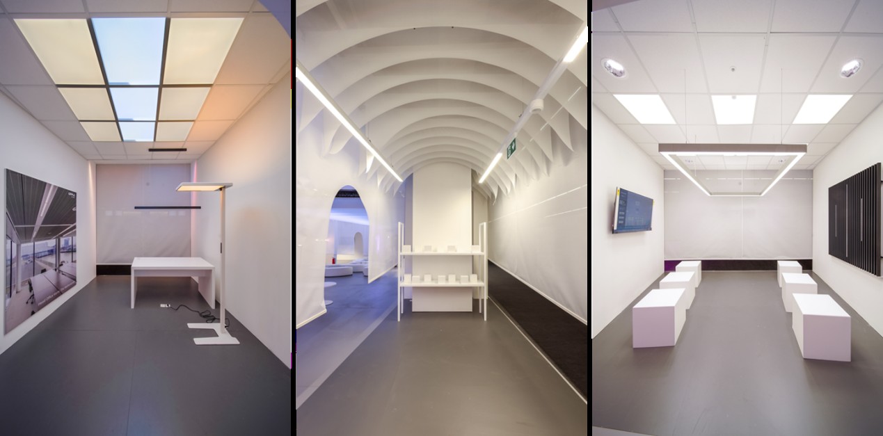 From left to right- office, education, and warehouse lighting solutions.