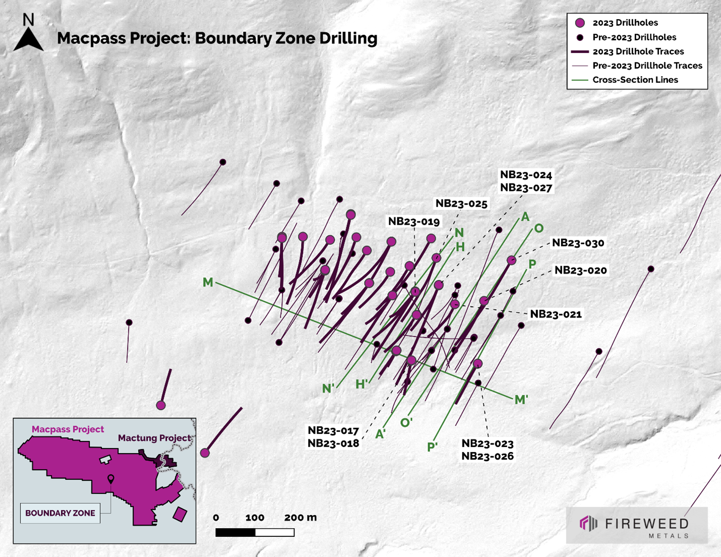 Map 2: Location of 2023 Boundary Zone drillholes, cross sections and long section M–M’. See below for sections.