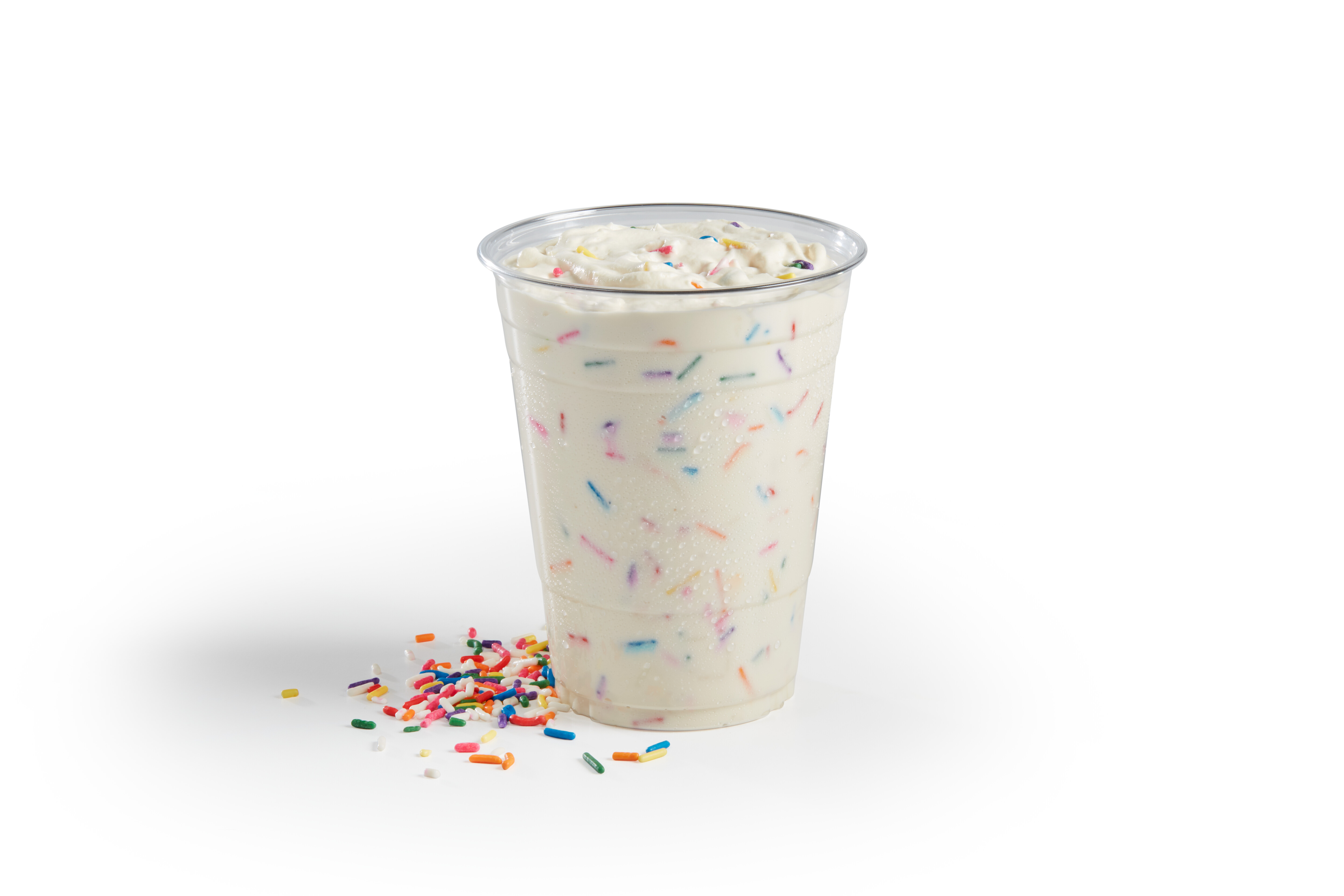 Creamy vanilla shake blended with birthday cake flavor and rainbow sprinkles.