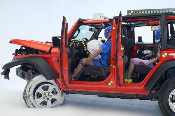 The 2021-23 Jeep Wrangler 4-door is one of six midsize SUVs to earn a poor rating in the updated moderate overlap front test.