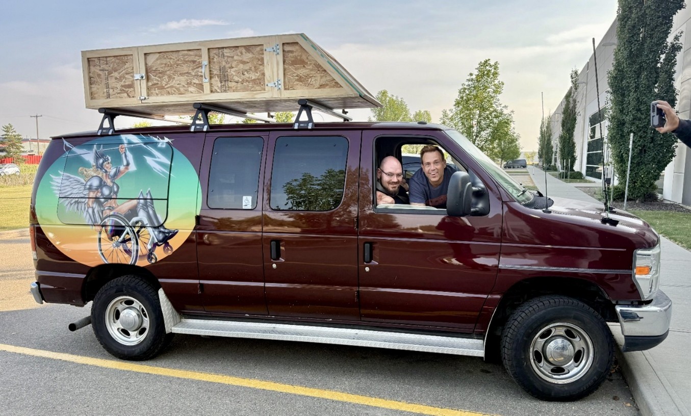 Crip Trip stars Daniel Ennett and Frederick Kroetsch in their customized, broadcast-ready van. 