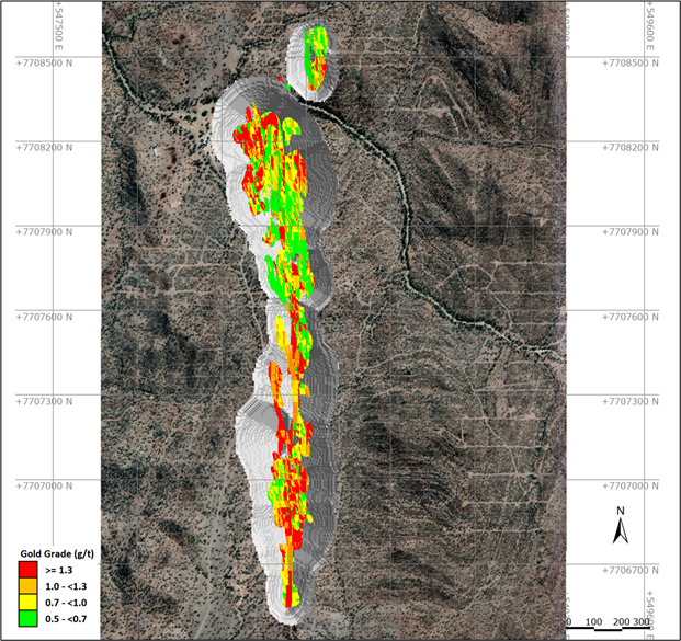 Figure 7: Plan view showing material in the US$1800/oz reporting pit shell above 0.5g/t Au