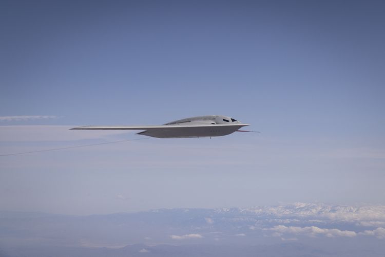 A B-21 Raider stealth bomber in flight. 