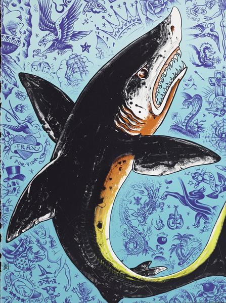 Don Ed Hardy (American, b. 1945)
"Tattoo Seas Shark", 1995 
Color lithograph 
30 x 22 5/8 in. (76.2 x 57.5 cm) 
Fine Arts Museums of San Francisco, Gift of the artist 
2017.46.120
© Don Ed Hardy
