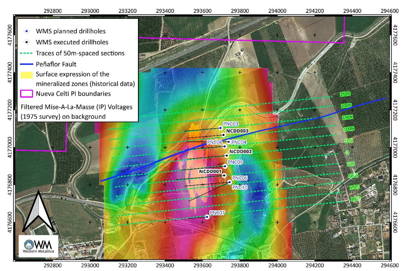 Nueva Celti drilling platform locations. Mise-A-La-Masse anomalies (1975 survey) on the background.