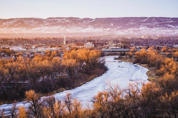 Winter in Casper, Wyoming. The North Platte River flows through the heart of downtown and is an ideal destination for winter fly-fishing. 