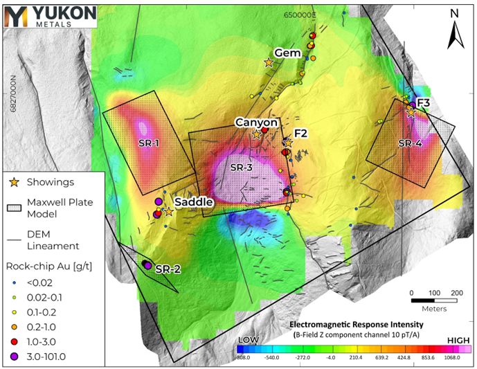 Map of vertical EM response (B-field Z-component) with overlaid target plates, DEM lineaments, and Au g/t in prospecting samples.