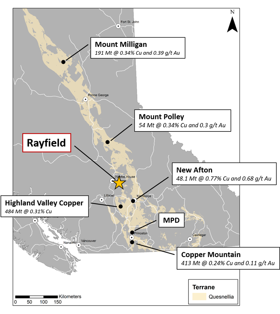 Rayfield copper-gold project in relation to major projects in the Quesnel Trough.