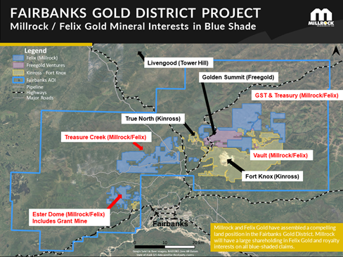 Figure 4. Blue shading indicates Millrock / Felix Gold mineral land holdings in the Fairbanks Gold District, Alaska.